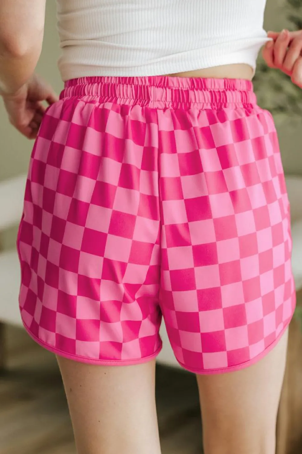 Best Dear-Lover Checkered Drawstring Elastic Waist Casual Shorts Rose