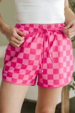 Best Dear-Lover Checkered Drawstring Elastic Waist Casual Shorts Rose