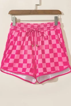 Best Dear-Lover Checkered Drawstring Elastic Waist Casual Shorts Rose