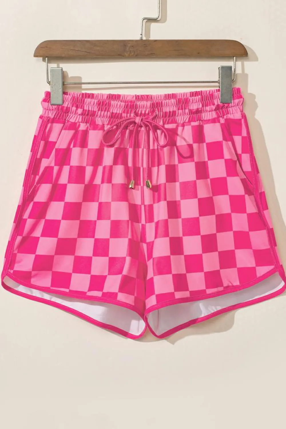 Best Dear-Lover Checkered Drawstring Elastic Waist Casual Shorts Rose