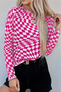 Best Dear-Lover Checkered Pattern Mesh Mock Neck Long Sleeve Top Rose