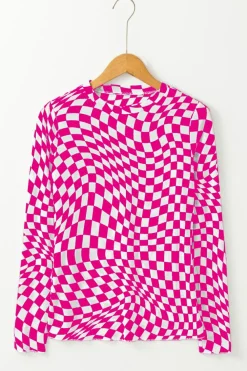 Best Dear-Lover Checkered Pattern Mesh Mock Neck Long Sleeve Top Rose