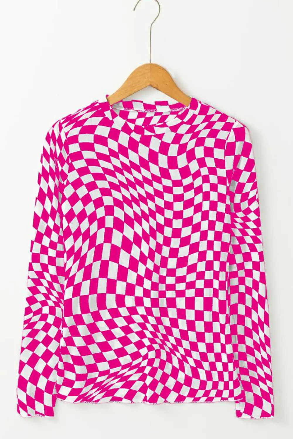 Best Dear-Lover Checkered Pattern Mesh Mock Neck Long Sleeve Top Rose