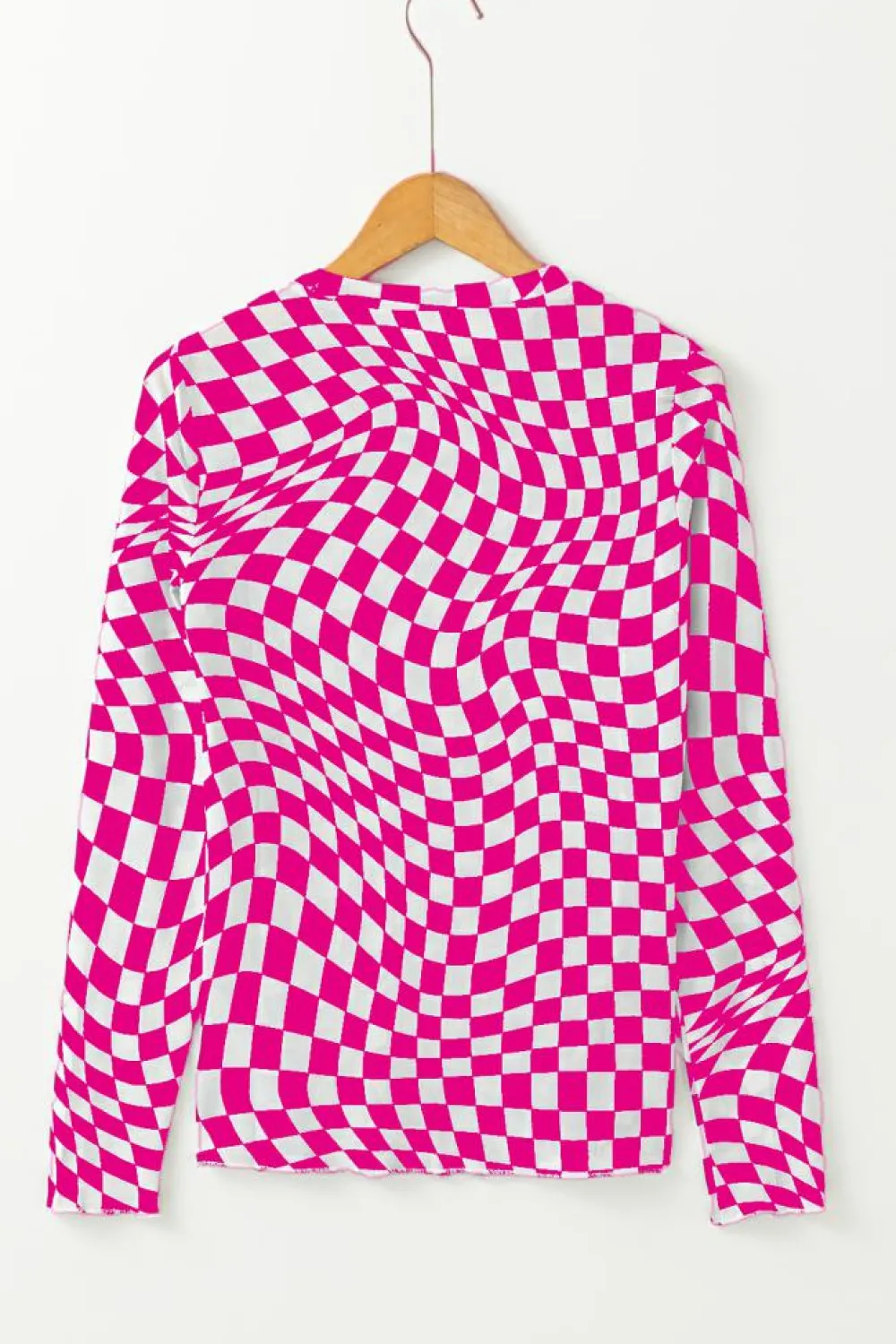 Best Dear-Lover Checkered Pattern Mesh Mock Neck Long Sleeve Top Rose