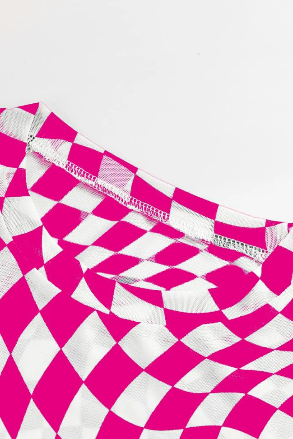 Best Dear-Lover Checkered Pattern Mesh Mock Neck Long Sleeve Top Rose