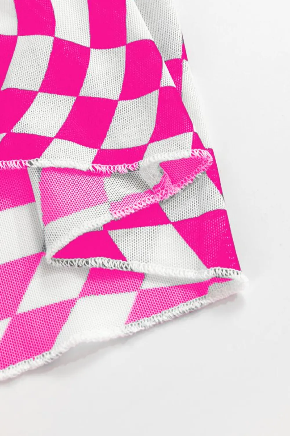 Best Dear-Lover Checkered Pattern Mesh Mock Neck Long Sleeve Top Rose