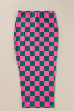 Sale Dear-Lover Checkered Print Side Slit High Waist Midi Skirt Rose