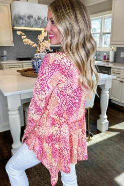 Best Dear-Lover Classic Leopard Print Handkerchief Hem Tunic Top Rose