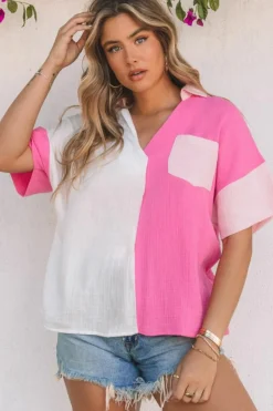 Online Dear-Lover Collared Neck Color Block Polo Shirt Rose