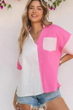 Online Dear-Lover Collared Neck Color Block Polo Shirt Rose