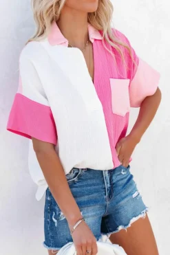 Online Dear-Lover Collared Neck Color Block Polo Shirt Rose
