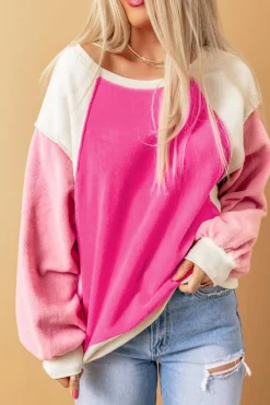Online Dear-Lover Colorblock Long Sleeve Pullover Fleece Sweatshirt Rose