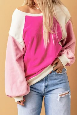 Online Dear-Lover Colorblock Long Sleeve Pullover Fleece Sweatshirt Rose