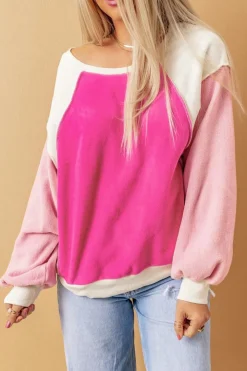 Online Dear-Lover Colorblock Long Sleeve Pullover Fleece Sweatshirt Rose