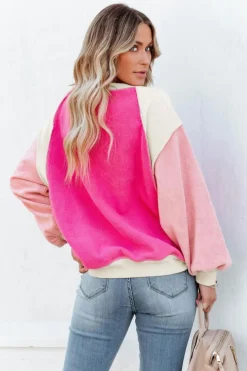 Online Dear-Lover Colorblock Long Sleeve Pullover Fleece Sweatshirt Rose