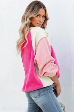 Online Dear-Lover Colorblock Long Sleeve Pullover Fleece Sweatshirt Rose