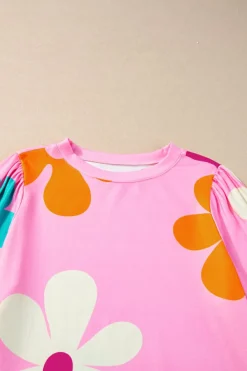 Discount Dear-Lover Cute Flower Print Bracelet Sleeve Top Rose