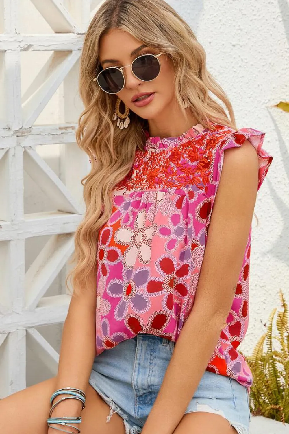 New Dear-Lover Embroidered Detail Floral Print Ruffle Trim Tank Top Rose