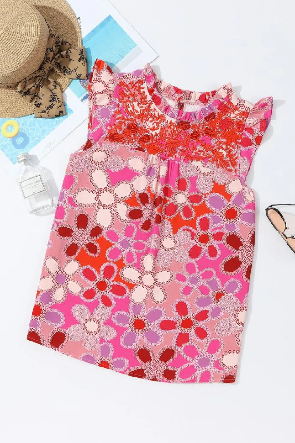 New Dear-Lover Embroidered Detail Floral Print Ruffle Trim Tank Top Rose