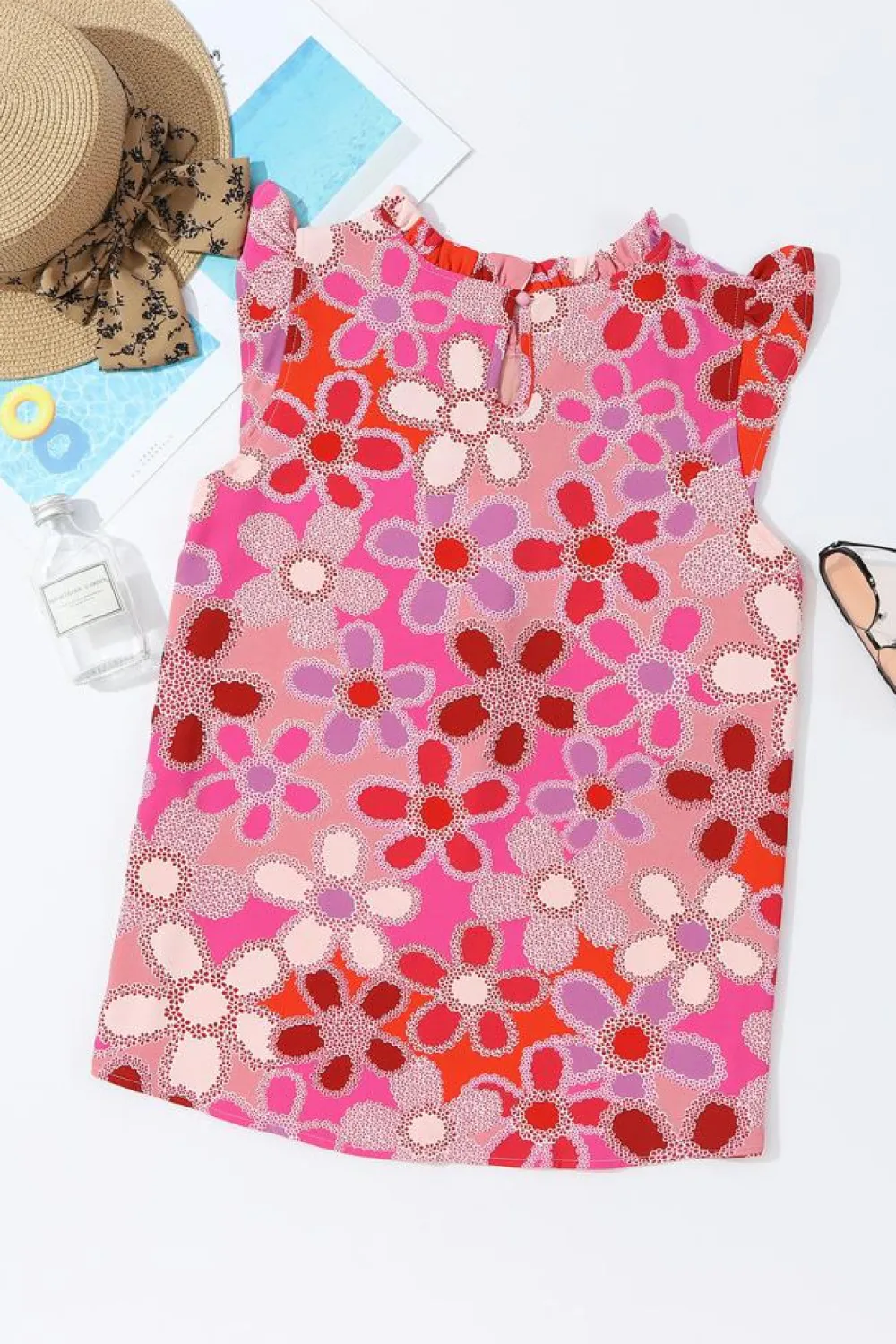 New Dear-Lover Embroidered Detail Floral Print Ruffle Trim Tank Top Rose