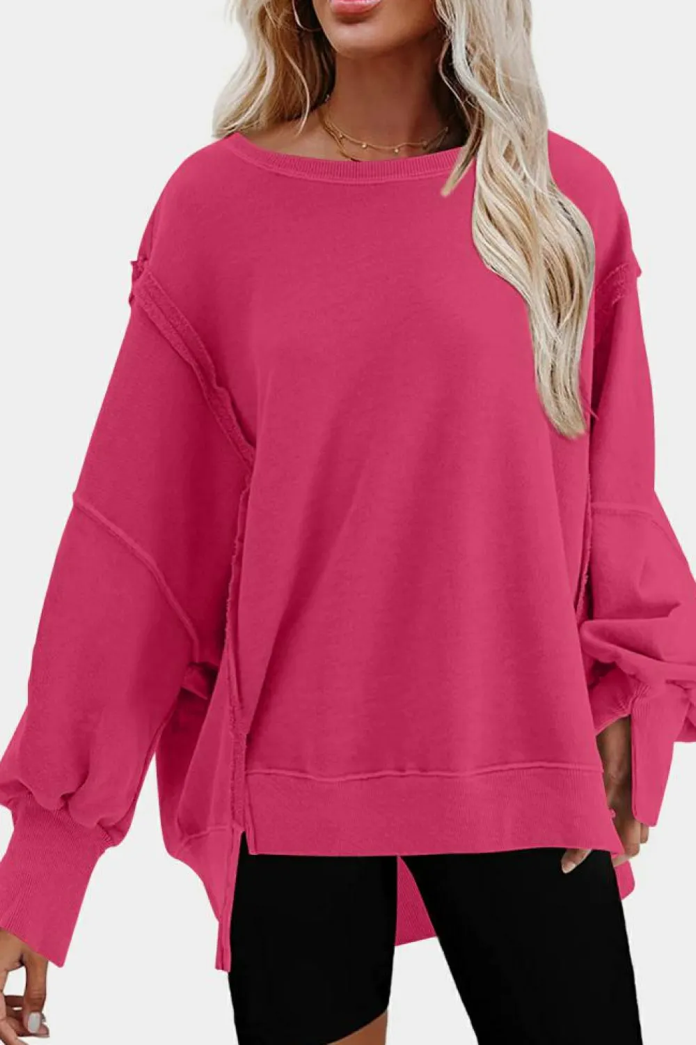 Sale Dear-Lover Exposed Seam Drop Shoulder Slit High Low Hem Sweatshirt Rose