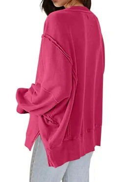 Sale Dear-Lover Exposed Seam Drop Shoulder Slit High Low Hem Sweatshirt Rose