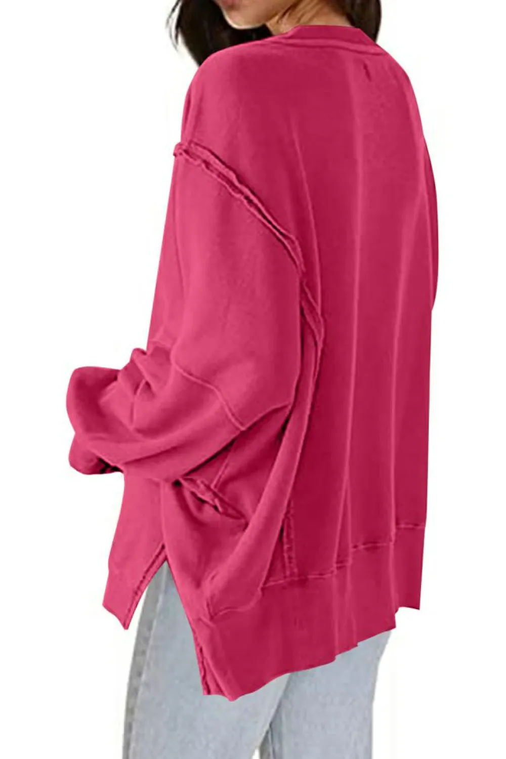 Sale Dear-Lover Exposed Seam Drop Shoulder Slit High Low Hem Sweatshirt Rose