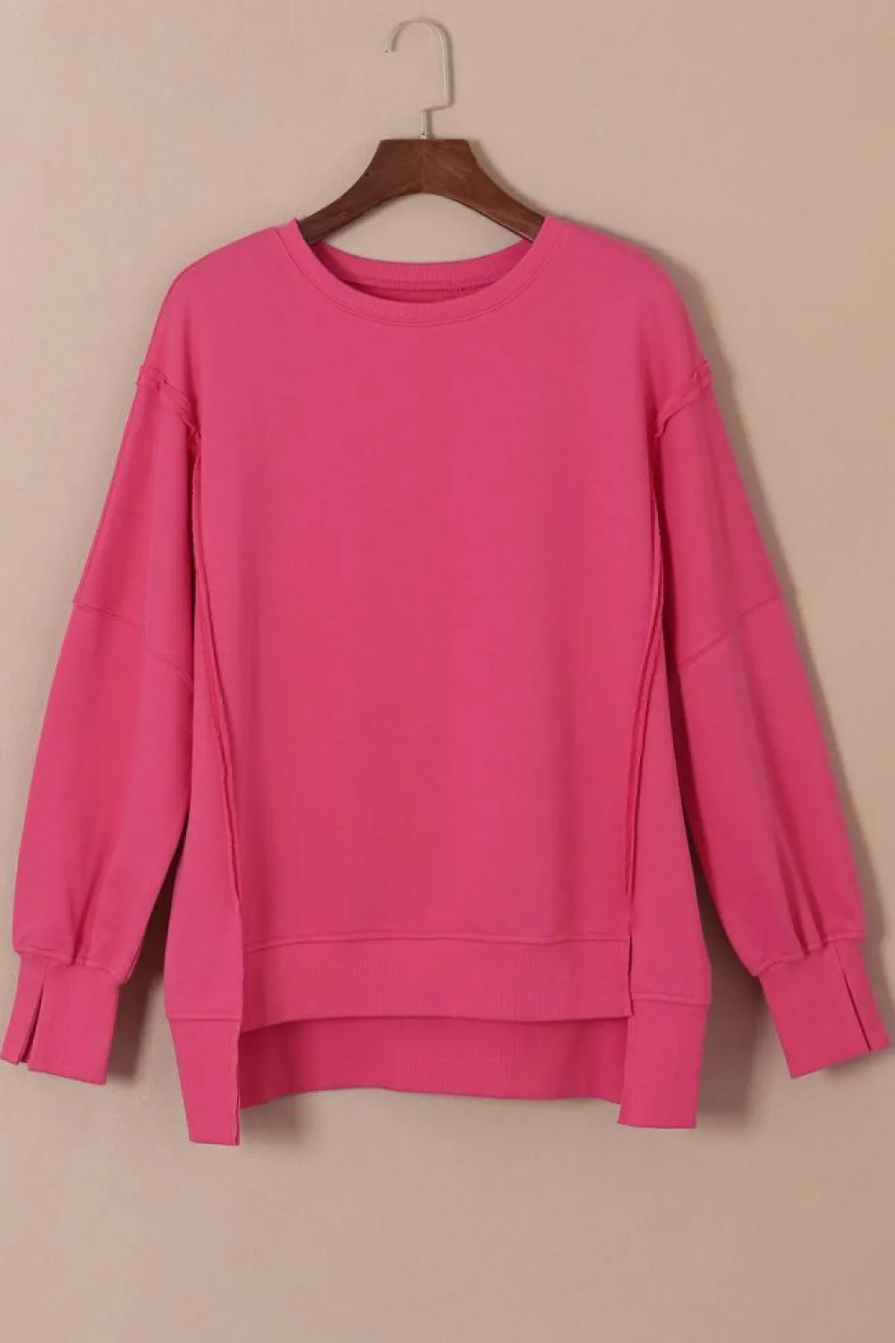 Sale Dear-Lover Exposed Seam Drop Shoulder Slit High Low Hem Sweatshirt Rose