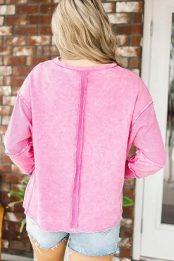 Fashion Dear-Lover Exposed Seamed High Low Raw Edge Sweatshirt Rose