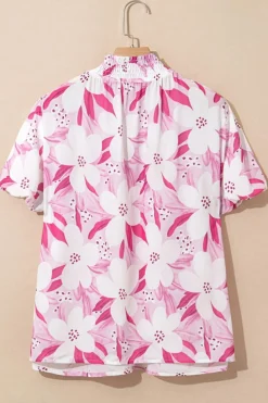 Fashion Dear-Lover Floral Frilled Collar Short Sleeve Blouse Top Rose