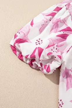 Fashion Dear-Lover Floral Frilled Collar Short Sleeve Blouse Top Rose