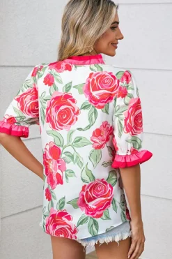 New Dear-Lover Floral Frilled V Neck Short Sleeve Blouse Top Rose
