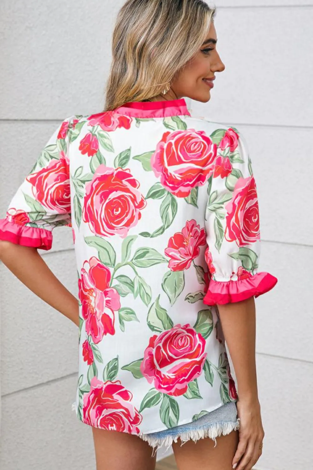 New Dear-Lover Floral Frilled V Neck Short Sleeve Blouse Top Rose