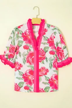 New Dear-Lover Floral Frilled V Neck Short Sleeve Blouse Top Rose