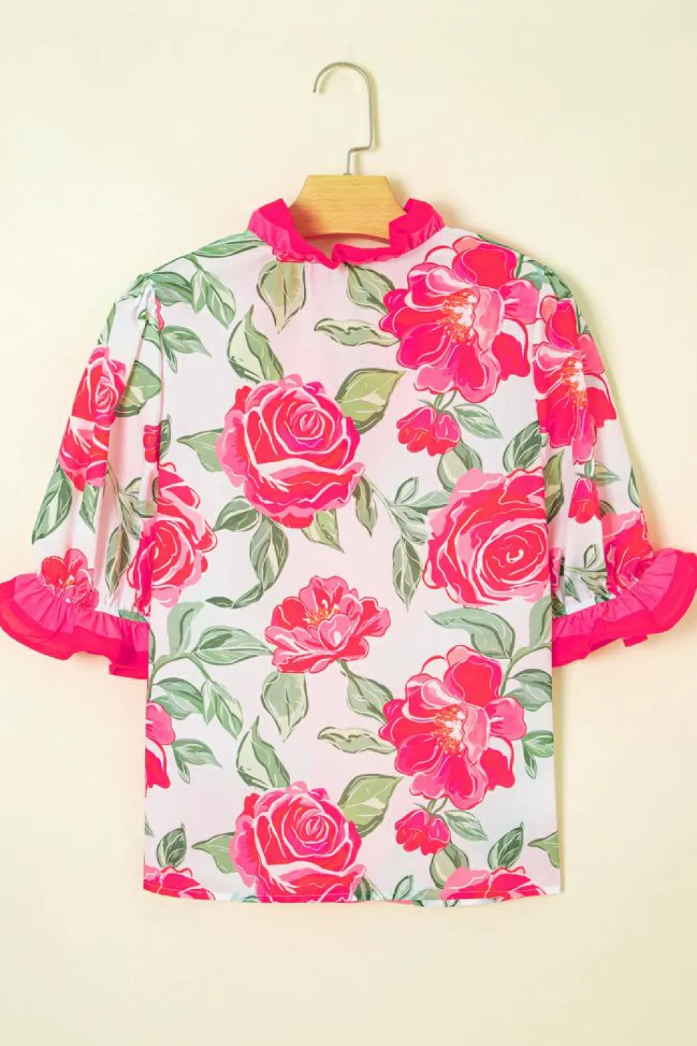 New Dear-Lover Floral Frilled V Neck Short Sleeve Blouse Top Rose