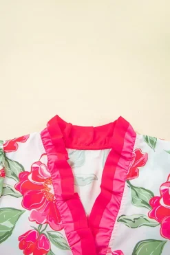 New Dear-Lover Floral Frilled V Neck Short Sleeve Blouse Top Rose