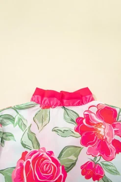 New Dear-Lover Floral Frilled V Neck Short Sleeve Blouse Top Rose