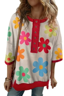 Best Dear-Lover Floral Grommet Accent Contrast Trim Drop Shoulder T-shirt Rose