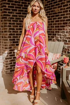 New Dear-Lover Floral High Low Bandeau Vacay Dress Rose