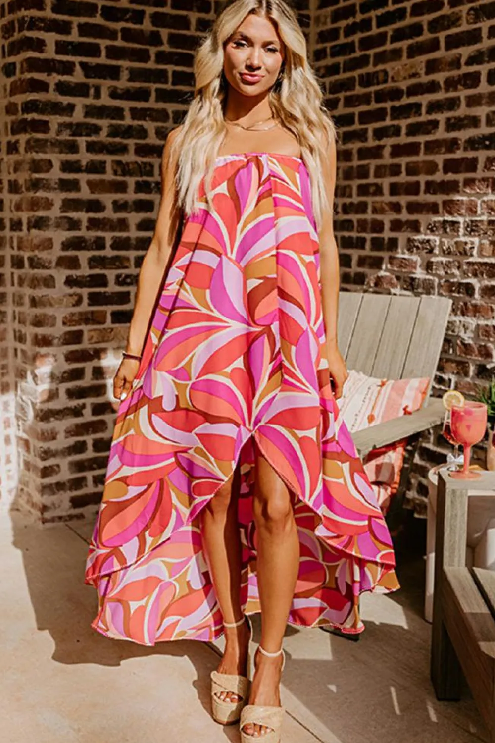 New Dear-Lover Floral High Low Bandeau Vacay Dress Rose