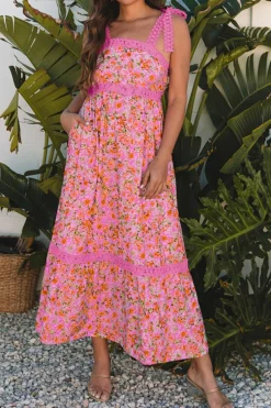 Sale Dear-Lover Floral Lace Tied Strap Empire Waist Maxi Dress Rose
