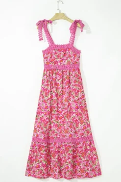Sale Dear-Lover Floral Lace Tied Strap Empire Waist Maxi Dress Rose