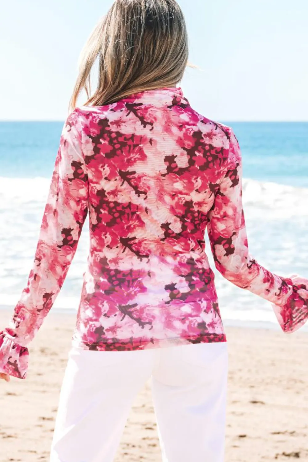 Hot Dear-Lover Floral Mesh Flounce Sleeve Mock Neck Blouse Rose