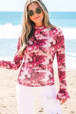 Hot Dear-Lover Floral Mesh Flounce Sleeve Mock Neck Blouse Rose