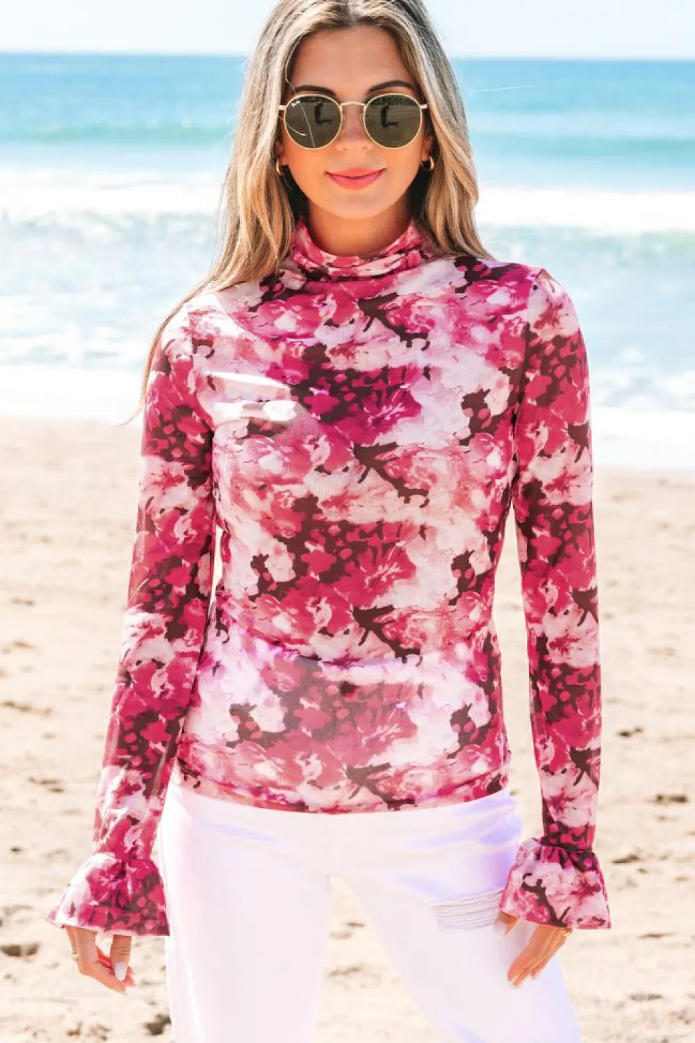 Hot Dear-Lover Floral Mesh Flounce Sleeve Mock Neck Blouse Rose