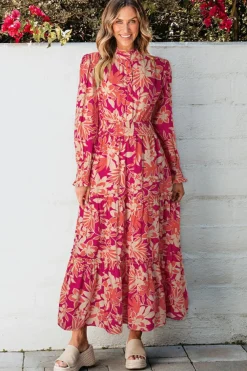 Outlet Dear-Lover Floral Print Buttoned Smocked High Waist Maxi Dress Rose