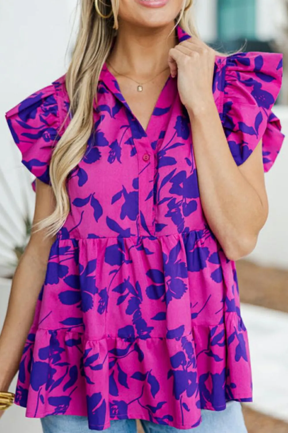 Hot Dear-Lover Floral Print Collared Button Neckline Flutter Sleeve Blouse Rose
