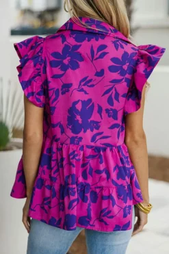 Hot Dear-Lover Floral Print Collared Button Neckline Flutter Sleeve Blouse Rose