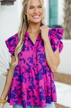 Hot Dear-Lover Floral Print Collared Button Neckline Flutter Sleeve Blouse Rose