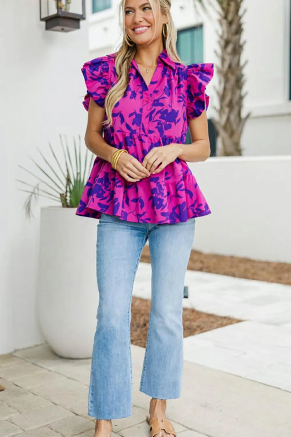 Hot Dear-Lover Floral Print Collared Button Neckline Flutter Sleeve Blouse Rose